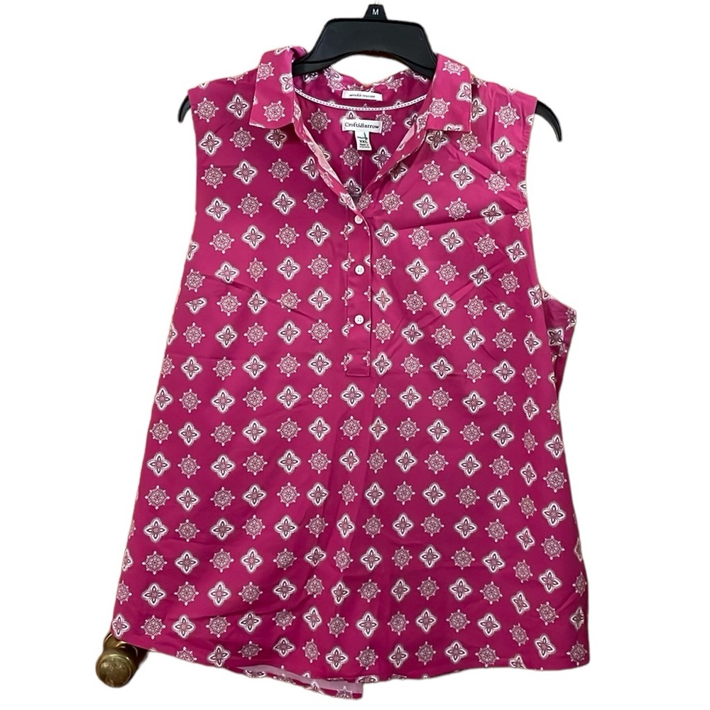 •CROFT & BARROW•PINK GEOMETRIC PATTERN 3-BUTTON COLLAR TANK TOP BLOUSE SIZE XXL